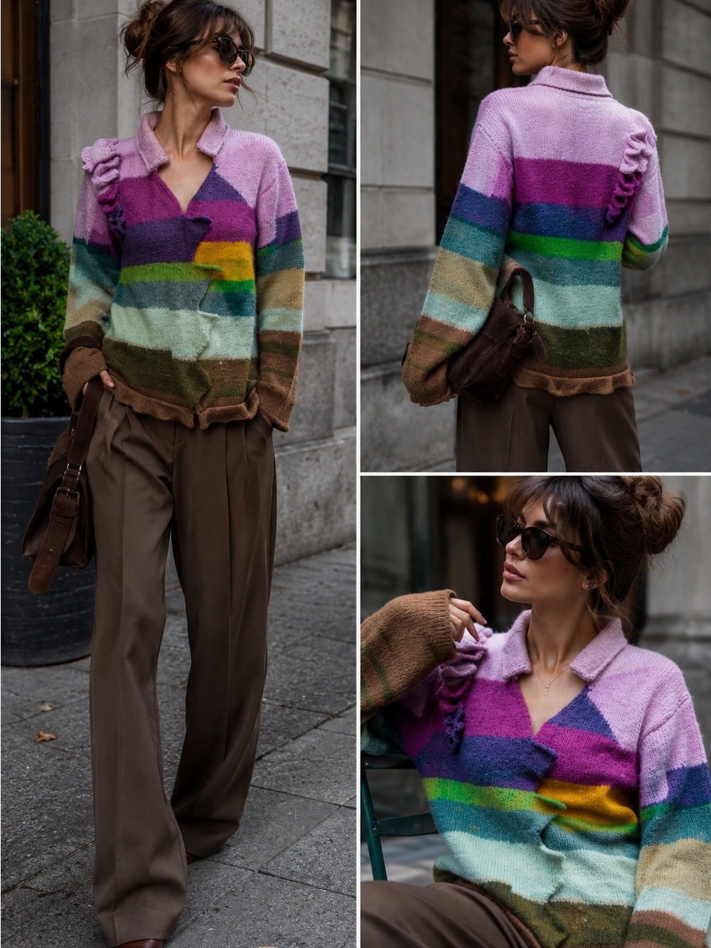 Handmade 100% Merino Wool Art Sweater Colorblock Ruffle Chunky Knit M/L